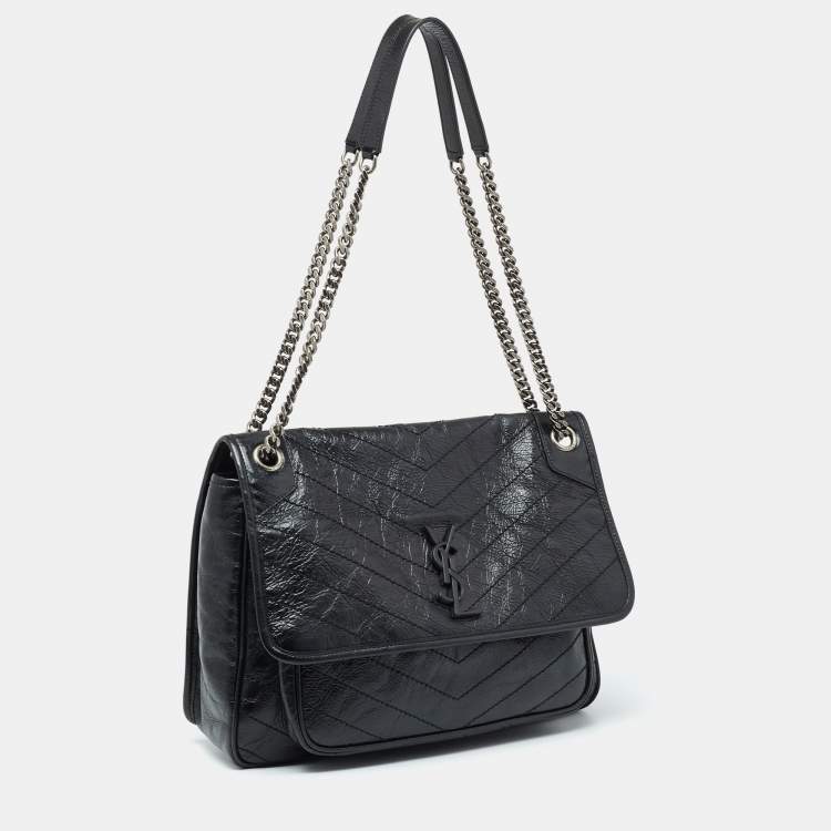Pre Owned Saint Laurent Black Crinkled Leather Large Niki Shoulder Bag