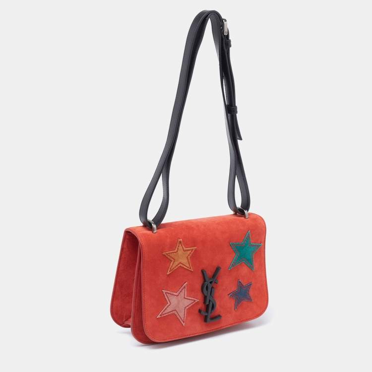 Pre Owned Saint Laurent Brick Brown Suede Star Patchwork Spontini Shoulder Bag