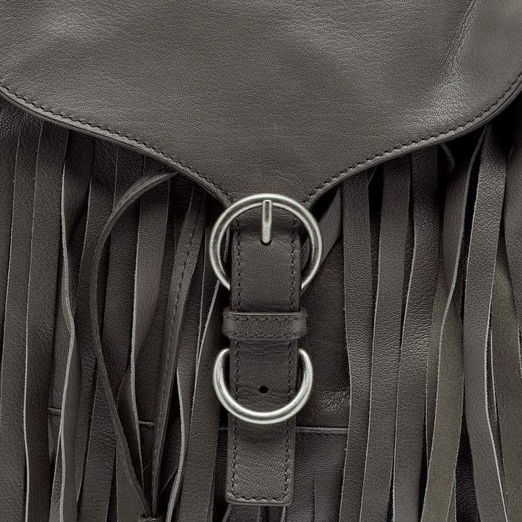 Pre Owned Yves Saint Laurent Grey Leather Fringe Flap Drawstring Shoulder Bag