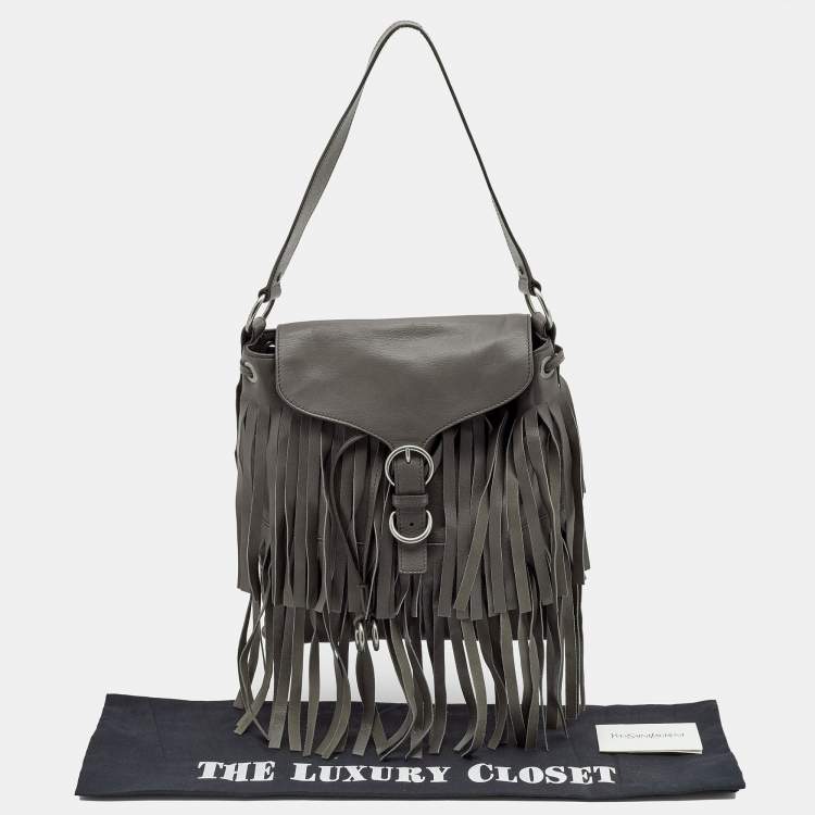 Pre Owned Yves Saint Laurent Grey Leather Fringe Flap Drawstring Shoulder Bag