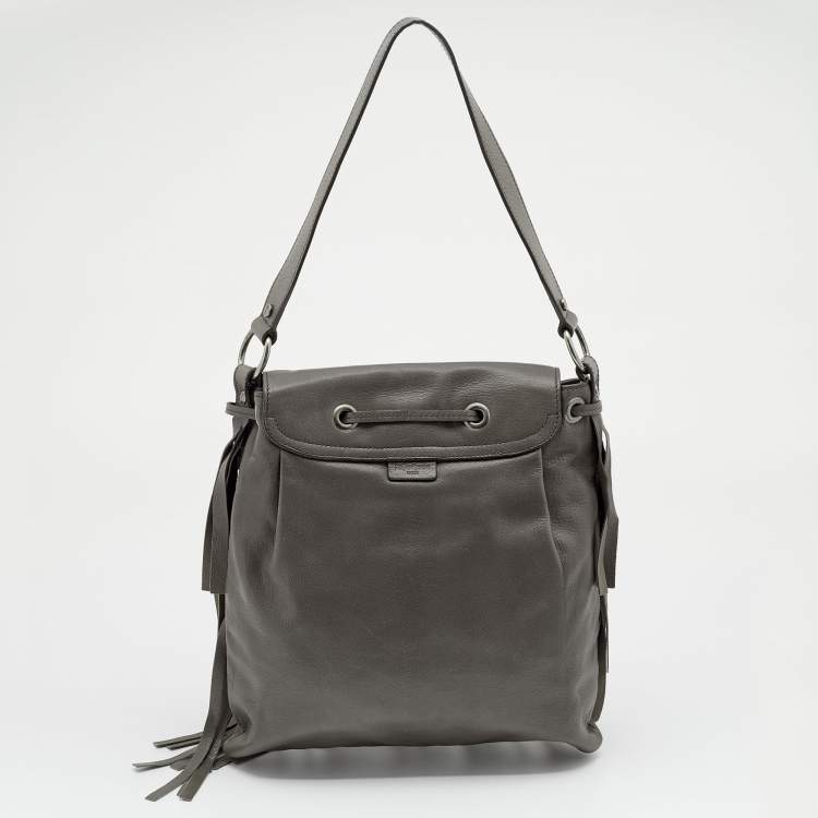 Pre Owned Yves Saint Laurent Grey Leather Fringe Flap Drawstring Shoulder Bag
