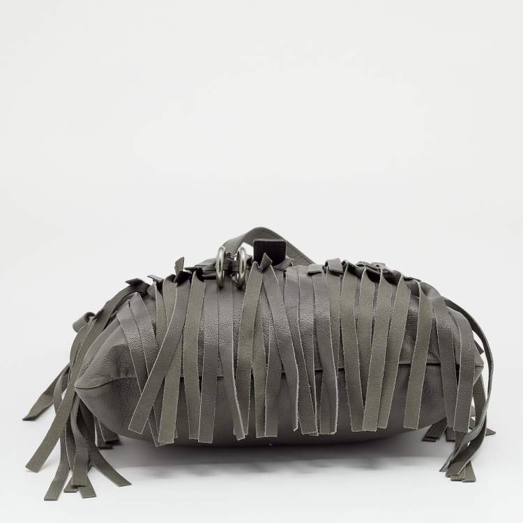 Pre Owned Yves Saint Laurent Grey Leather Fringe Flap Drawstring Shoulder Bag