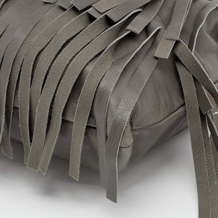 Pre Owned Yves Saint Laurent Grey Leather Fringe Flap Drawstring Shoulder Bag
