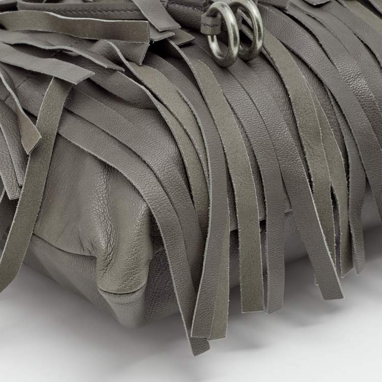Pre Owned Yves Saint Laurent Grey Leather Fringe Flap Drawstring Shoulder Bag