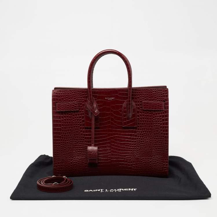 Pre Owned Saint Laurent Burgundy Croc Embossed Leather Small Sac De Jour Tote