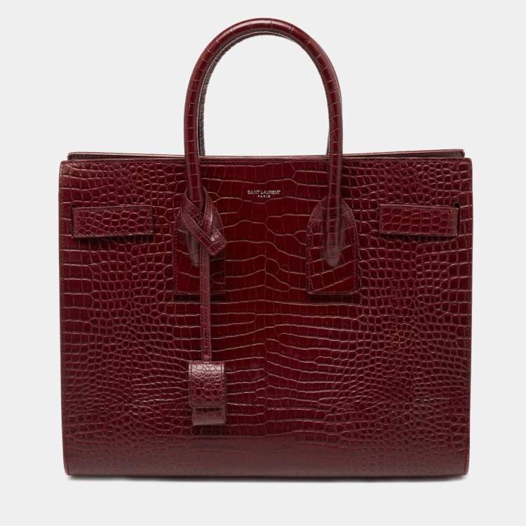 Pre Owned Saint Laurent Burgundy Croc Embossed Leather Small Sac De Jour Tote