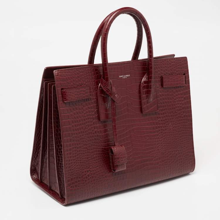 Pre Owned Saint Laurent Burgundy Croc Embossed Leather Small Sac De Jour Tote