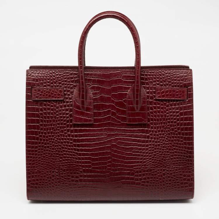 Pre Owned Saint Laurent Burgundy Croc Embossed Leather Small Sac De Jour Tote