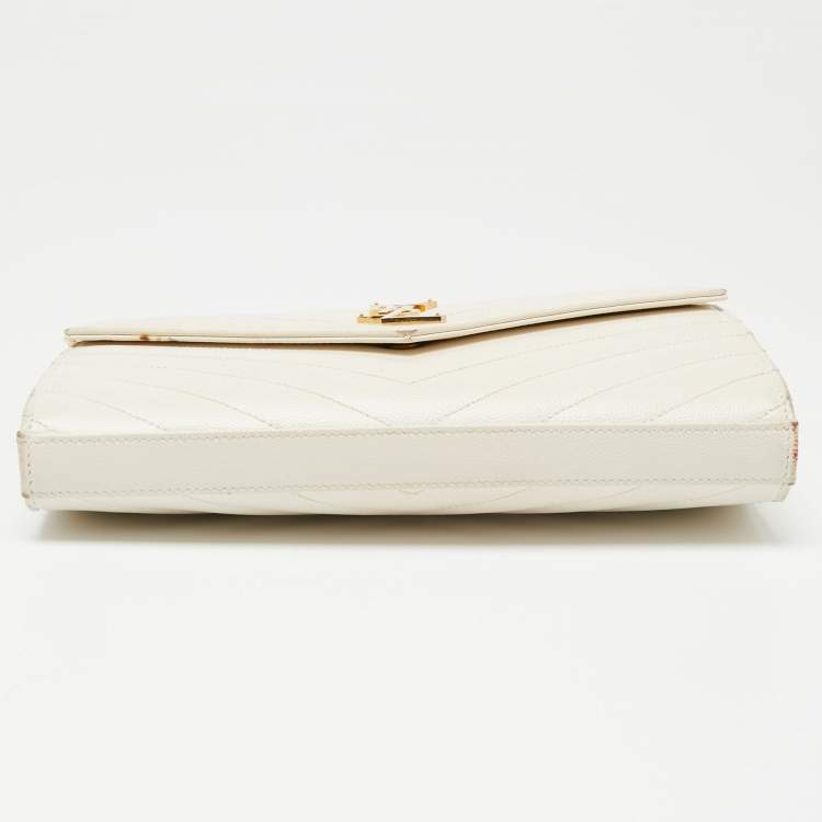 Pre Owned Saint Laurent Off White Matelassé Leather Monogram Wallet on Chain