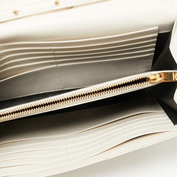 Pre Owned Saint Laurent Off White Matelassé Leather Monogram Wallet on Chain