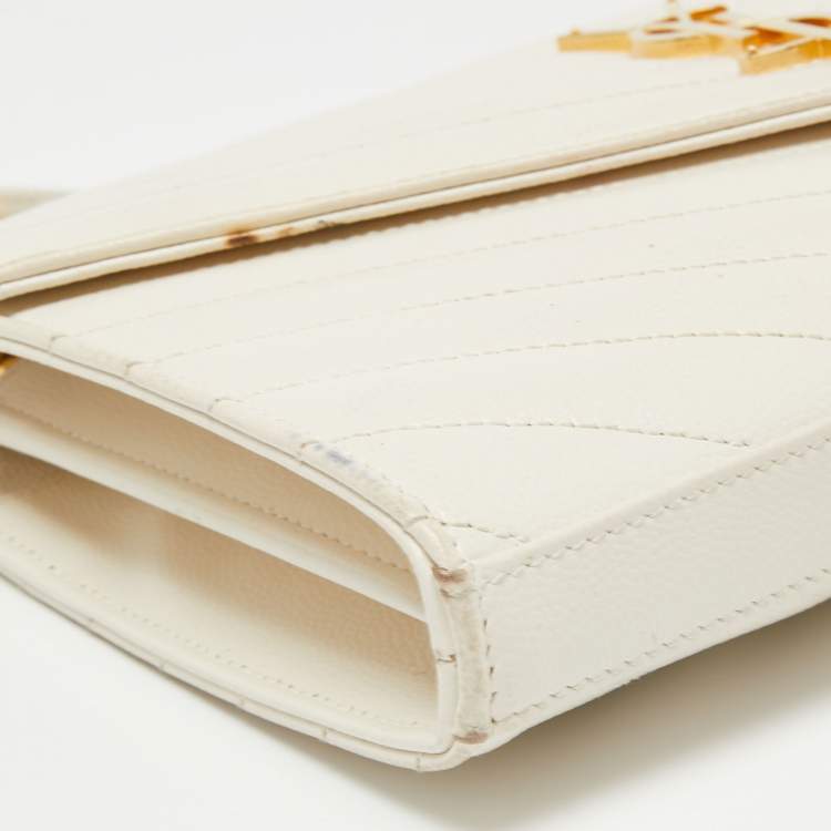 Pre Owned Saint Laurent Off White Matelassé Leather Monogram Wallet on Chain