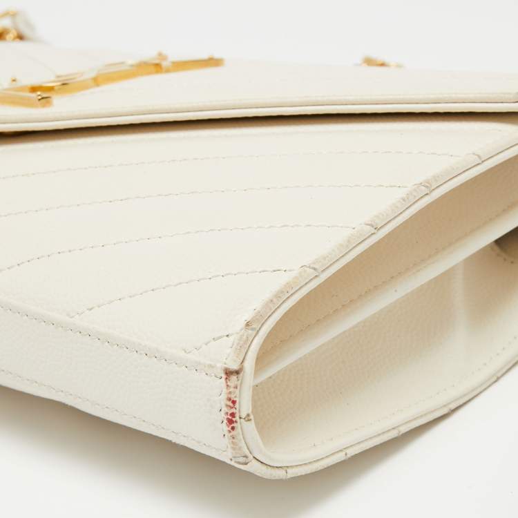 Pre Owned Saint Laurent Off White Matelassé Leather Monogram Wallet on Chain