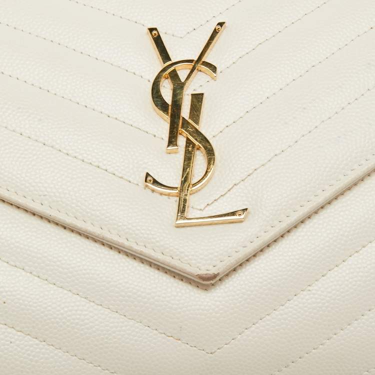 Pre Owned Saint Laurent Off White Matelassé Leather Monogram Wallet on Chain