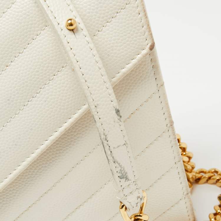 Pre Owned Saint Laurent Off White Matelassé Leather Monogram Wallet on Chain