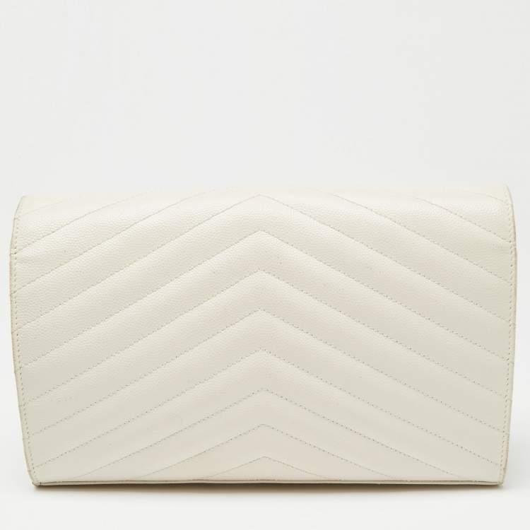 Pre Owned Saint Laurent Off White Matelassé Leather Monogram Wallet on Chain
