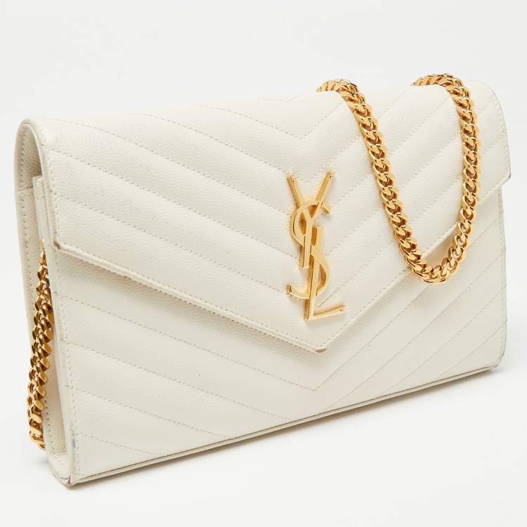 Pre Owned Saint Laurent Off White Matelassé Leather Monogram Wallet on Chain