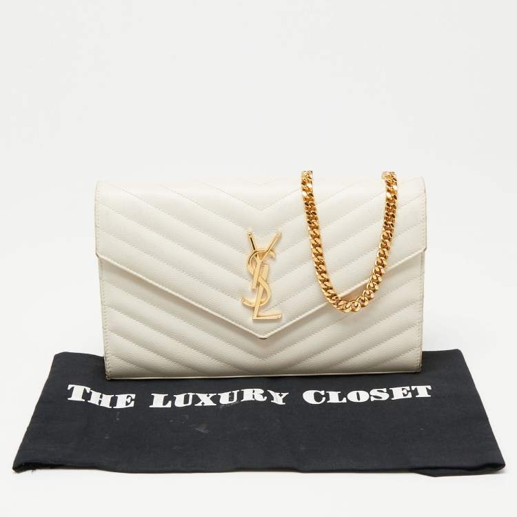 Pre Owned Saint Laurent Off White Matelassé Leather Monogram Wallet on Chain