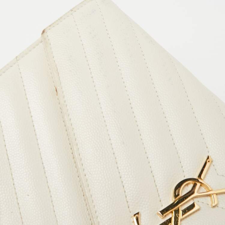 Pre Owned Saint Laurent Off White Matelassé Leather Monogram Wallet on Chain