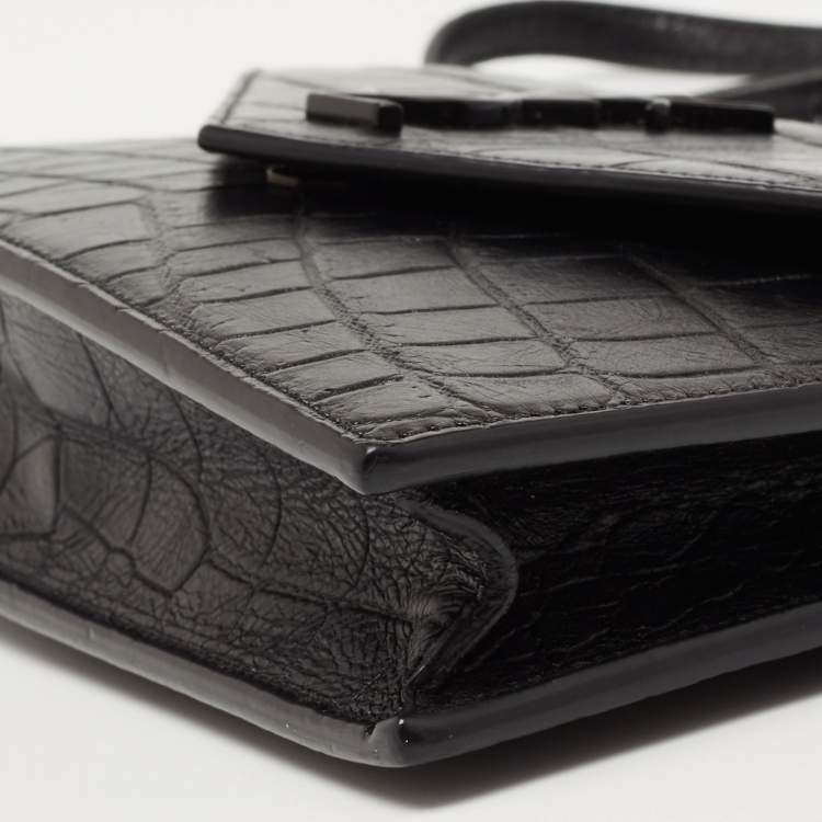 Pre Owned Saint Laurent Black Croc Embossed Leather Monogram Envelope Wallet on Chain