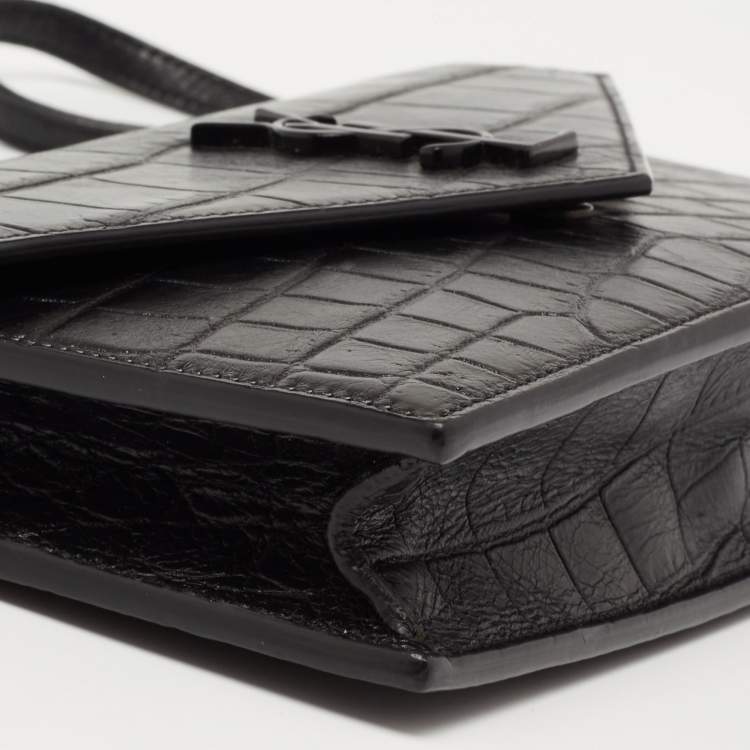 Pre Owned Saint Laurent Black Croc Embossed Leather Monogram Envelope Wallet on Chain
