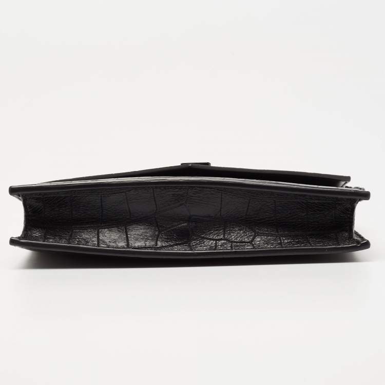 Pre Owned Saint Laurent Black Croc Embossed Leather Monogram Envelope Wallet on Chain