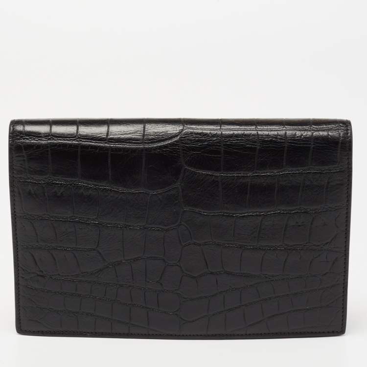 Pre Owned Saint Laurent Black Croc Embossed Leather Monogram Envelope Wallet on Chain