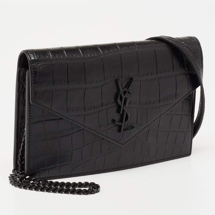 Pre Owned Saint Laurent Black Croc Embossed Leather Monogram Envelope Wallet on Chain