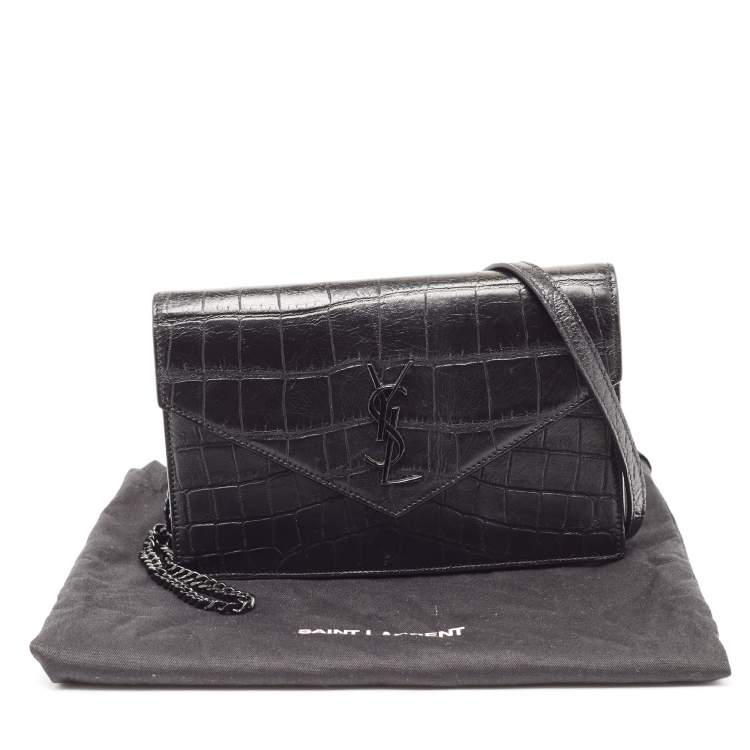 Pre Owned Saint Laurent Black Croc Embossed Leather Monogram Envelope Wallet on Chain