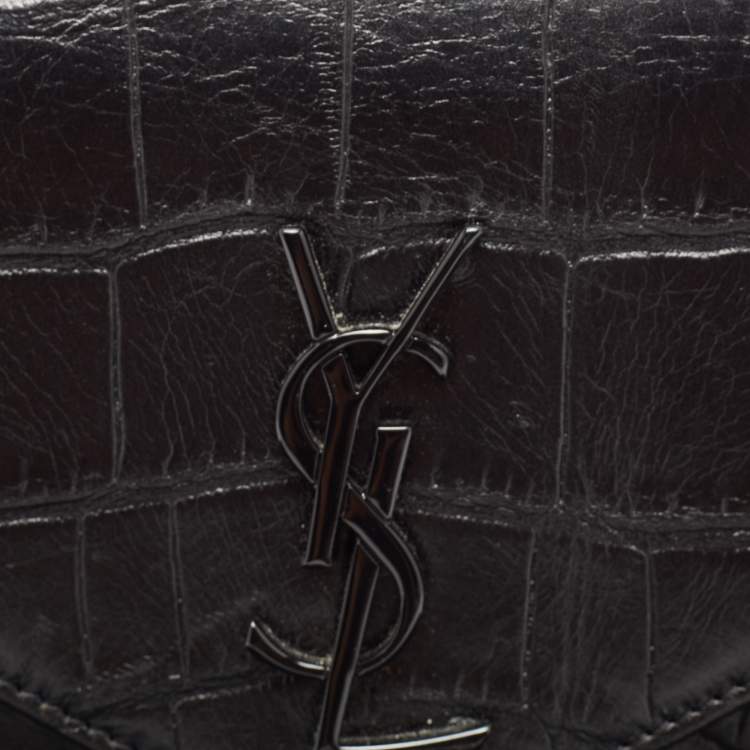Pre Owned Saint Laurent Black Croc Embossed Leather Monogram Envelope Wallet on Chain