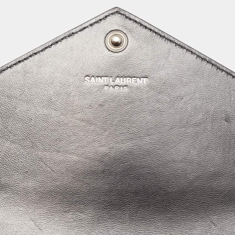 Pre Owned Saint Laurent Black Croc Embossed Leather Monogram Envelope Wallet on Chain