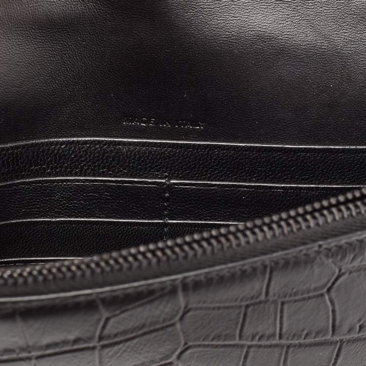 Pre Owned Saint Laurent Black Croc Embossed Leather Monogram Envelope Wallet on Chain