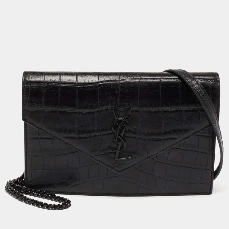 Pre Owned Saint Laurent Black Croc Embossed Leather Monogram Envelope Wallet on Chain