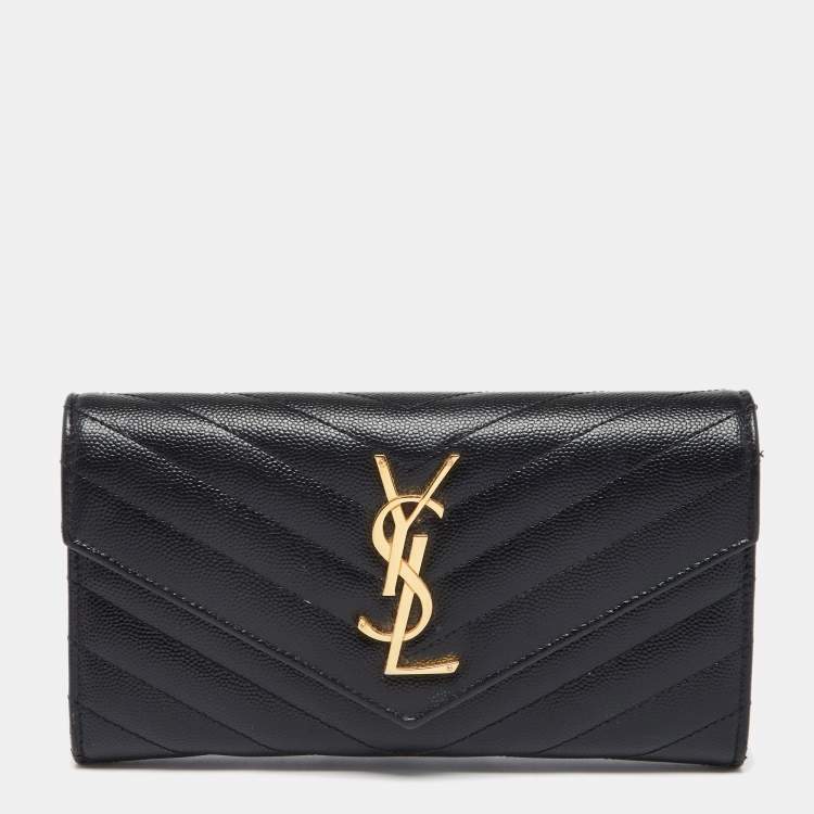 Pre Owned Saint Laurent Black Chevron Leather Monogram Envelope Flap Continental Wallet