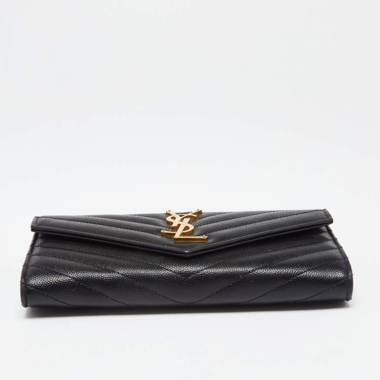 Pre Owned Saint Laurent Black Chevron Leather Monogram Envelope Flap Continental Wallet