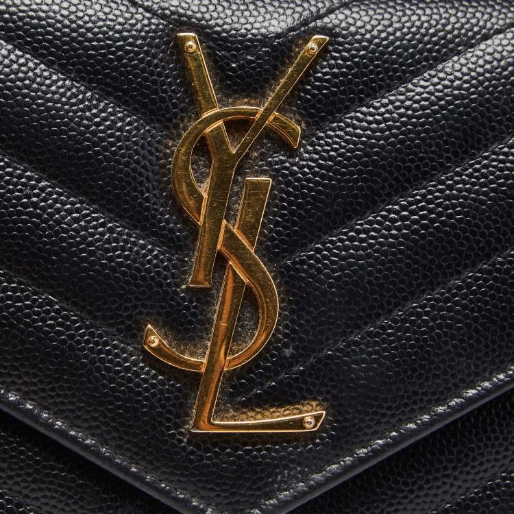 Pre Owned Saint Laurent Black Chevron Leather Monogram Envelope Flap Continental Wallet