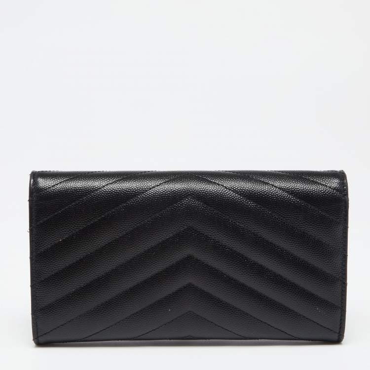 Pre Owned Saint Laurent Black Chevron Leather Monogram Envelope Flap Continental Wallet