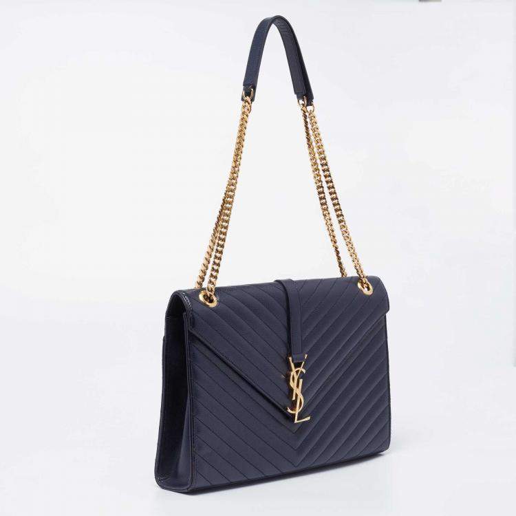 Pre Owned Saint Laurent Navy Blue Quilted Leather Monogram Envelope Shoulder Bag