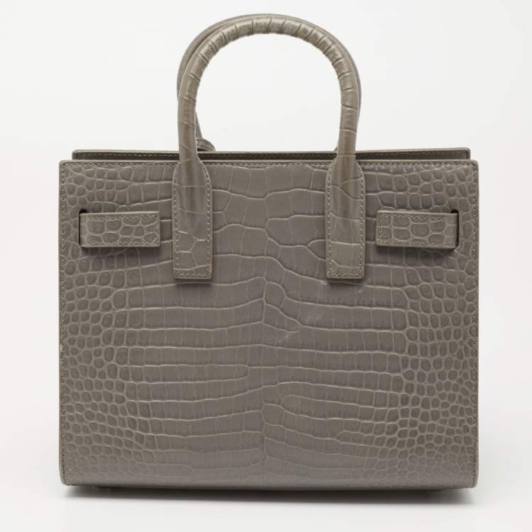 Pre Owned Saint Laurent Grey Croc Embossed Leather Nano Classic Sac De Jour Tote