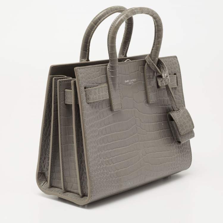 Pre Owned Saint Laurent Grey Croc Embossed Leather Nano Classic Sac De Jour Tote