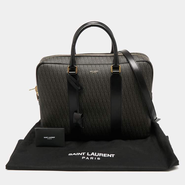 Pre Owned Saint Laurent Brown/Black Signature Coated Canvas and Leather Briefcase
