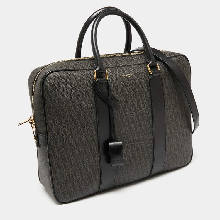 Pre Owned Saint Laurent Brown/Black Signature Coated Canvas and Leather Briefcase
