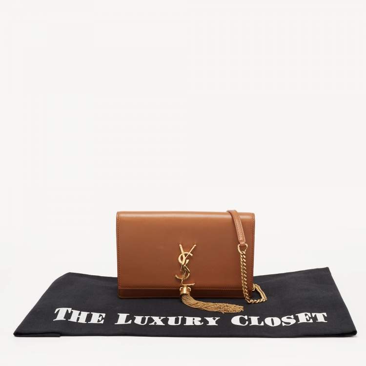 Pre Owned Saint Laurent Tan Leather Kate Tassel Wallet On Chain