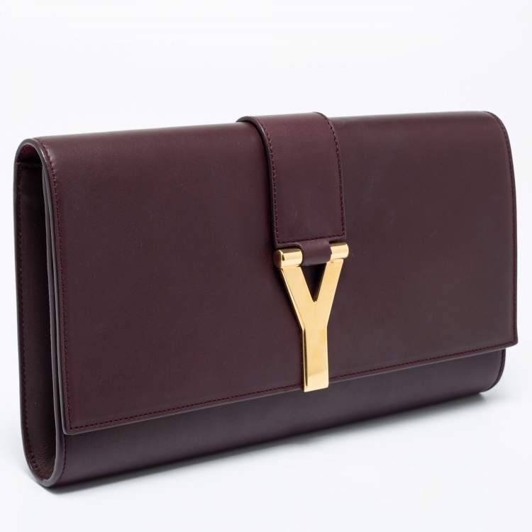 Pre Owned Saint Laurent Burgundy Leather Flap Ligne Y Clutch