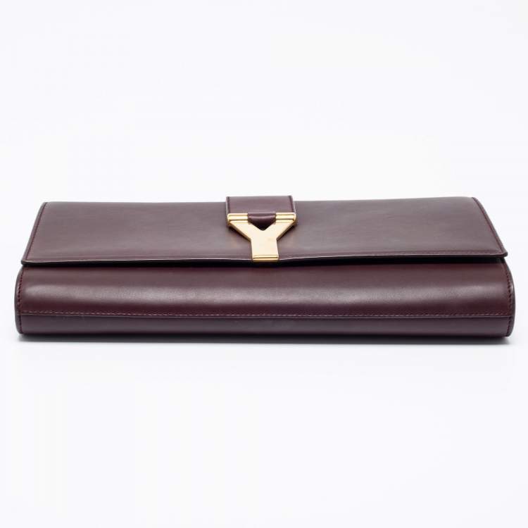 Pre Owned Saint Laurent Burgundy Leather Flap Ligne Y Clutch