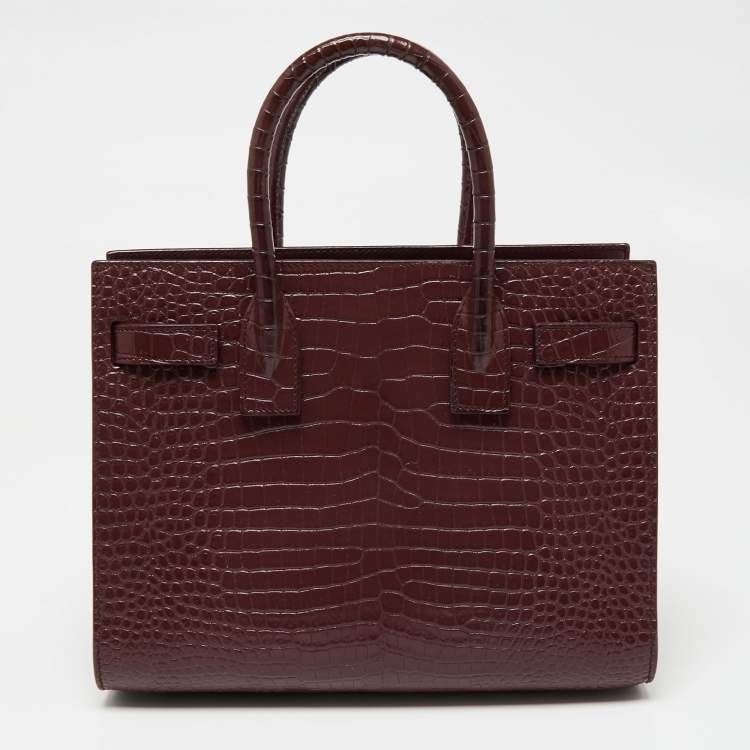Pre Owned Saint Laurent Burgundy Croc Embossed Leather Baby Classic Sac De Jour Tote