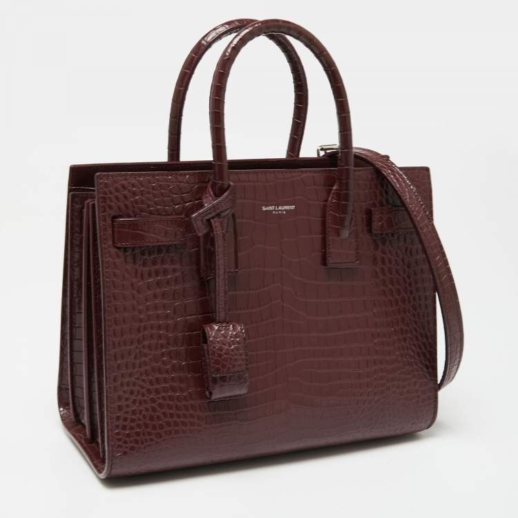 Pre Owned Saint Laurent Burgundy Croc Embossed Leather Baby Classic Sac De Jour Tote