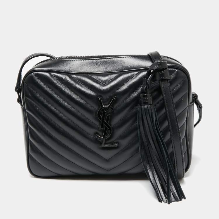 Pre Owned Saint Laurent Black Matelassé Leather Monogram Lou Camera Crossbody Bag