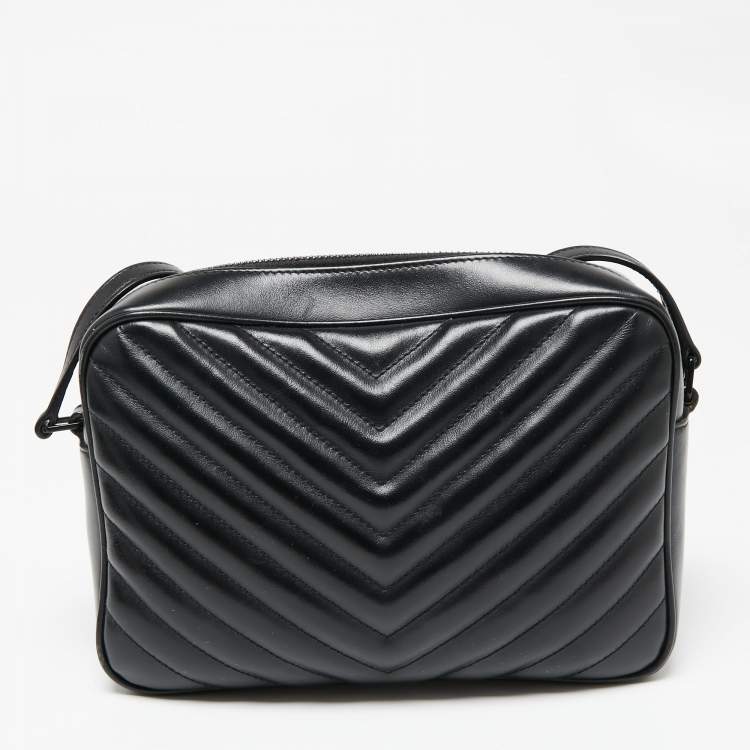 Pre Owned Saint Laurent Black Matelassé Leather Monogram Lou Camera Crossbody Bag