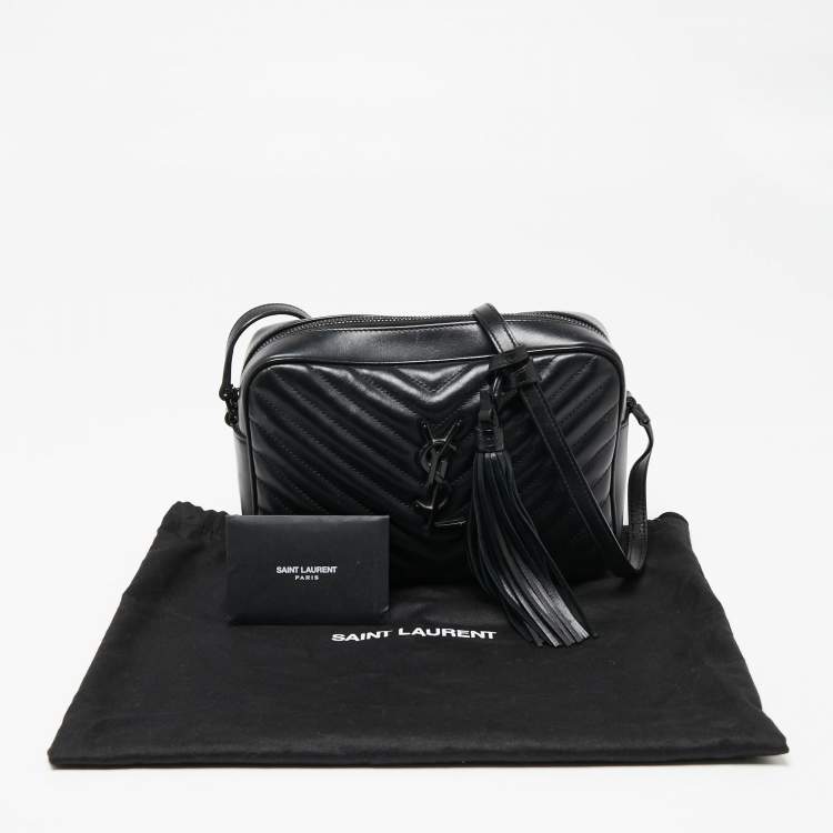 Pre Owned Saint Laurent Black Matelassé Leather Monogram Lou Camera Crossbody Bag