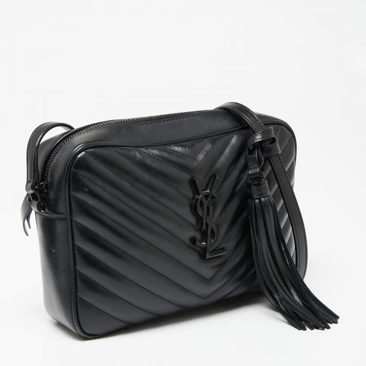 Pre Owned Saint Laurent Black Matelassé Leather Monogram Lou Camera Crossbody Bag